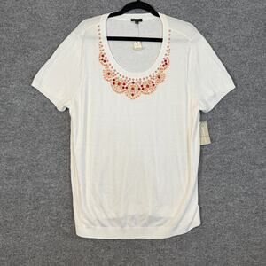 Talbots Shirt Womens 2X XXL White Knit Tshirt Stretch Plus Size Beaded NEW